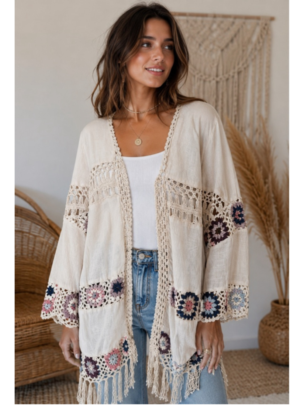 Listicle Boho Crochet Trim Fringe Kimono Cardigan Large Cream Festival Duster - Picture 7 of 10